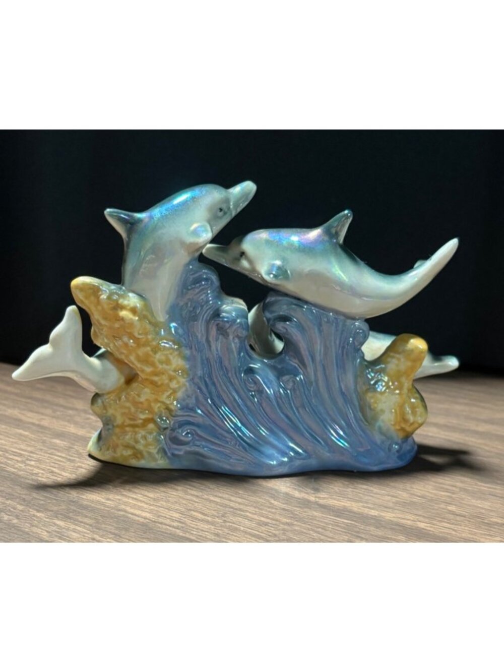 Iridescent Lusterware Dolphin Pod Figurine 4.5" Porcelain Ocean Waves Vintage 80